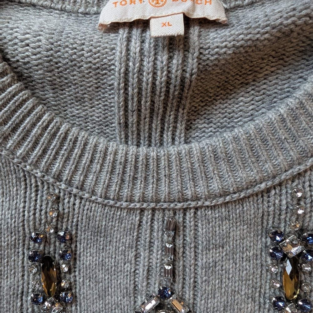 Tory Burch Light Gray Sweater with Beaded Details - Picture 4 of 6